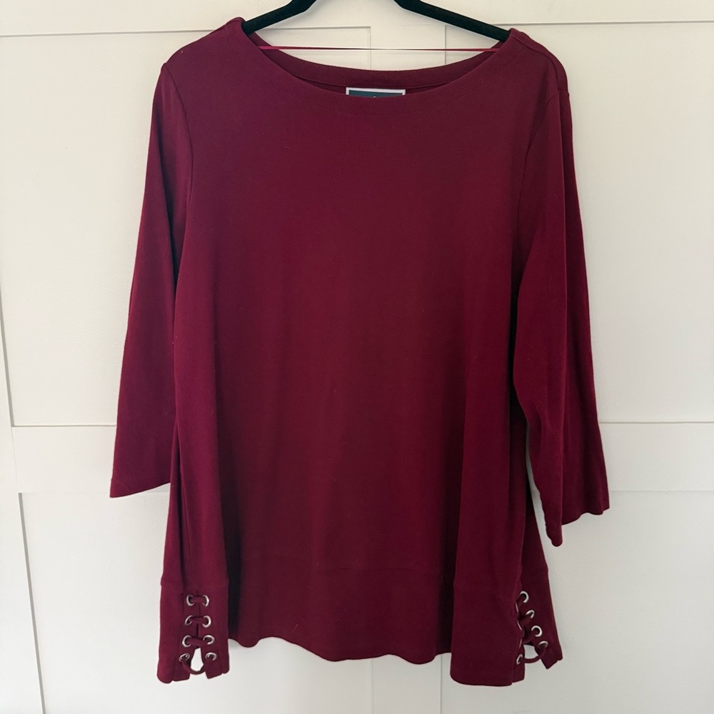 Karen Scott Burgundy 3/4 Sleeve Top with Lace Up Tie Detail - XXL